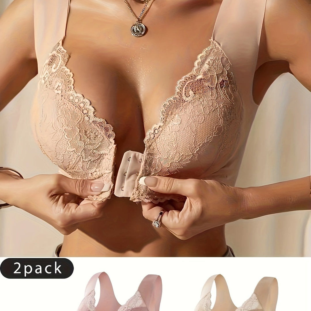 Women's Set of 2 Front Closure Bras with Lace Details for Comfort