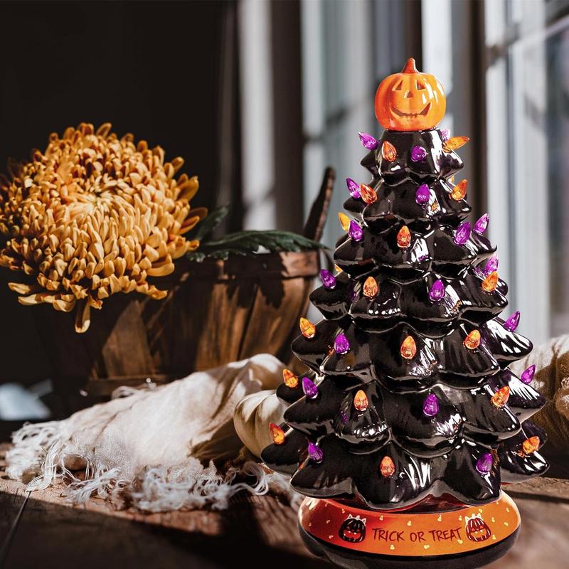 Halloween's LED Ceramic Holiday Tree with Purple Orange Beads