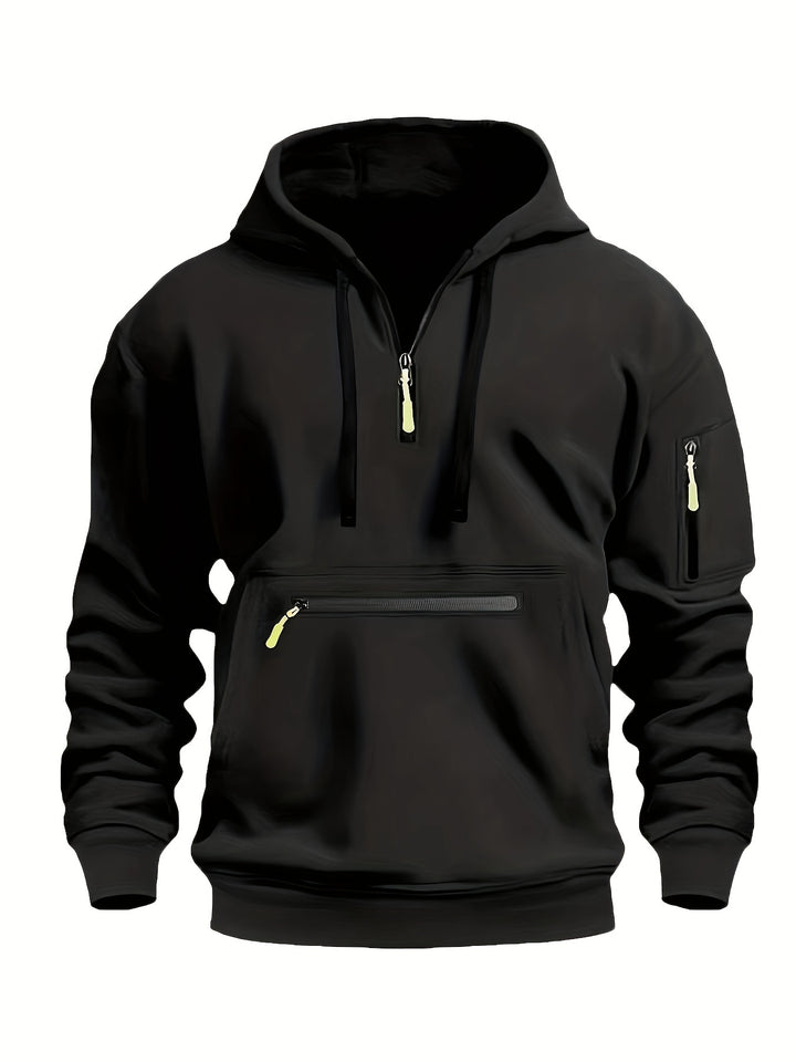 Men's Solid Color Half-Zip Long Sleeve Casual Hoodie with Pocket