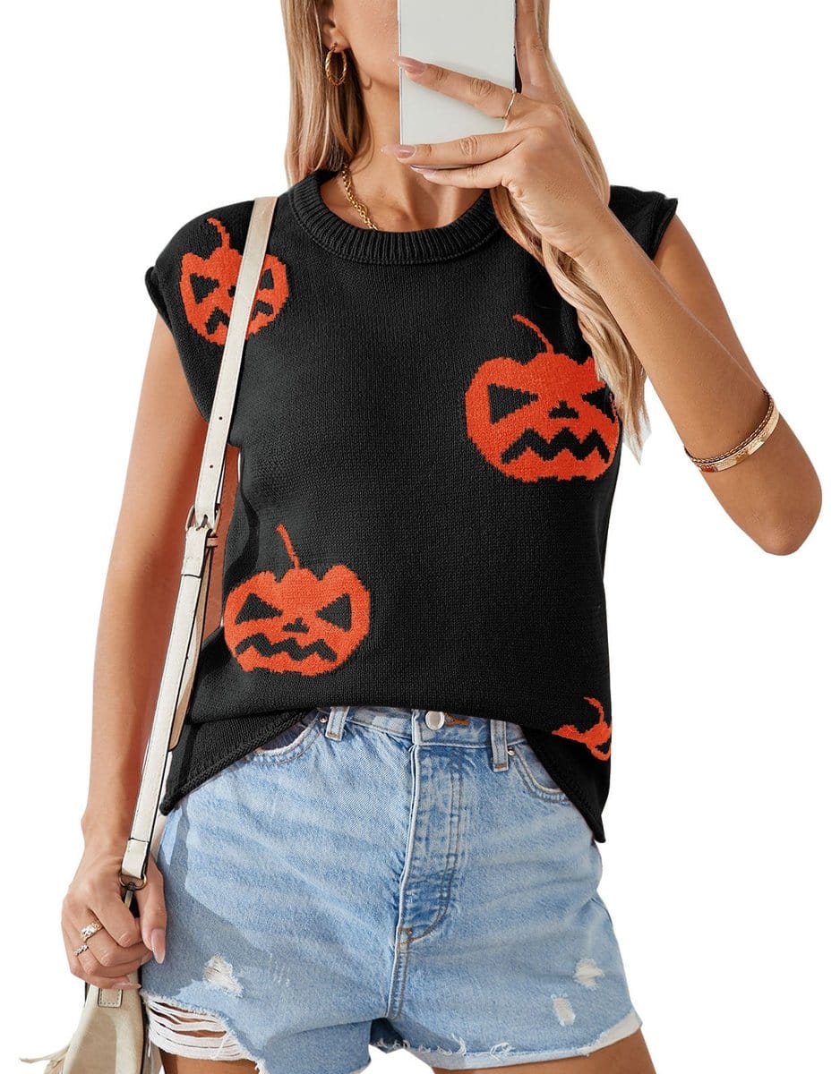 Women's Halloween Sweater Vest with Jack-o'-Lantern Knit Design
