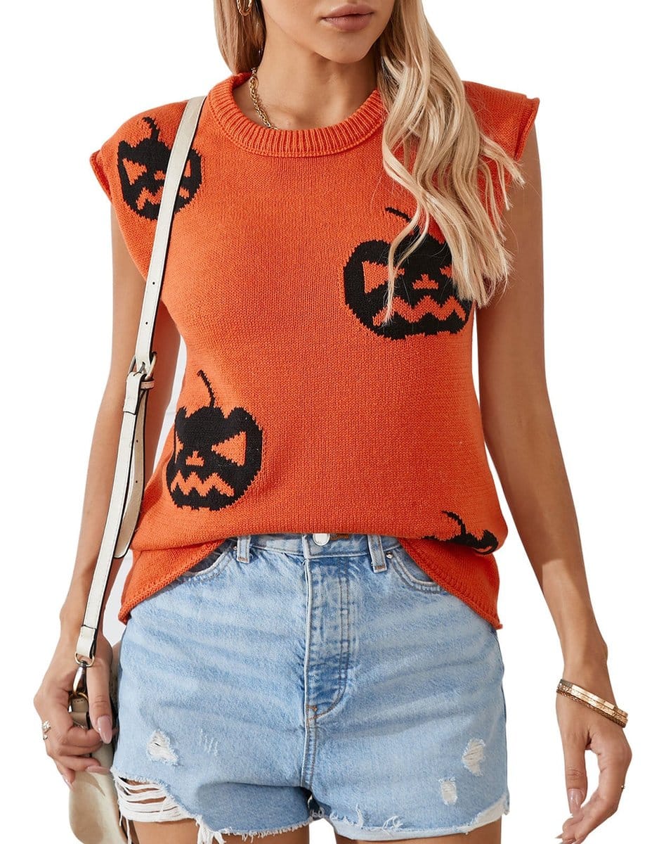 Women's Halloween Sweater Vest with Jack-o'-Lantern Knit Design