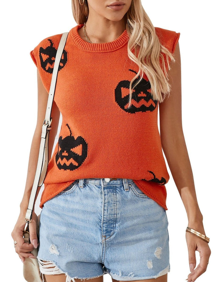 Women's Halloween Sweater Vest with Jack-o'-Lantern Knit Design