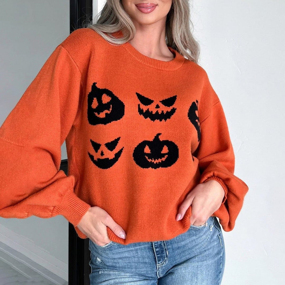 Women's Oversized Pumpkin Graphic Knit Sweater for Halloween