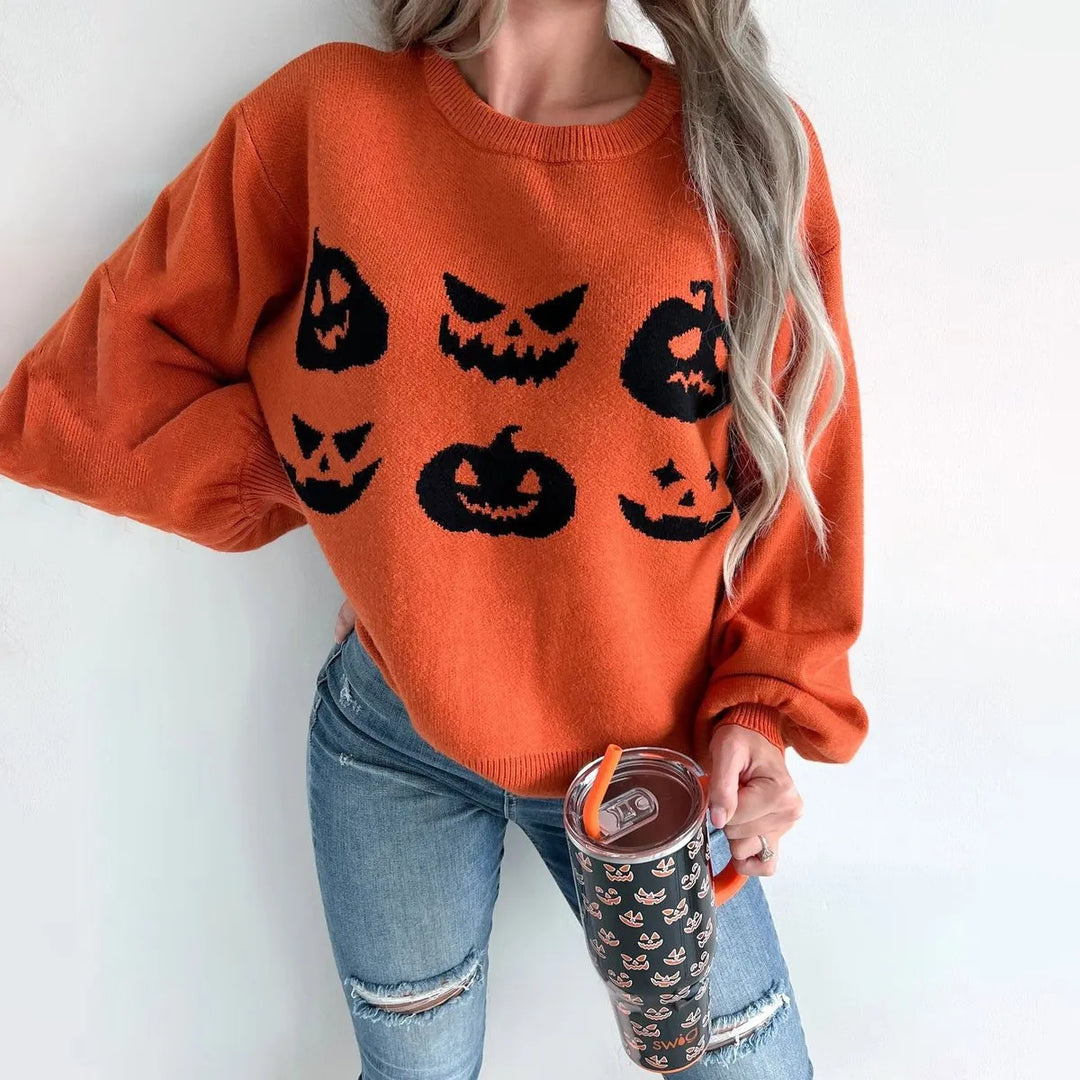 Women's Oversized Pumpkin Graphic Knit Sweater for Halloween