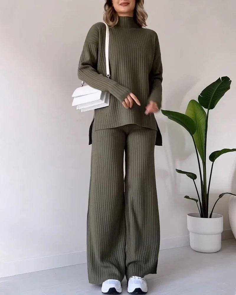 Women's Casual Knit Set with Side Slits for Comfortable Style