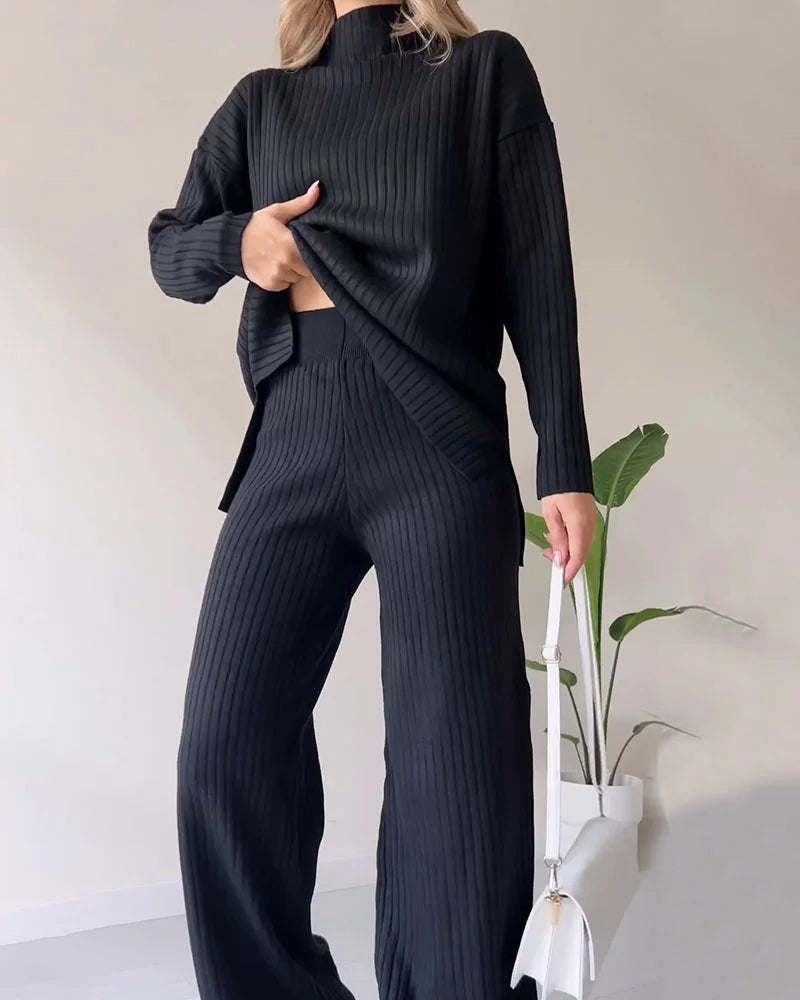 Women's Casual Knit Set with Side Slits for Comfortable Style