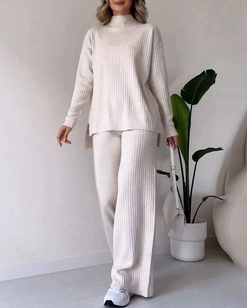 Women's Casual Knit Set with Side Slits for Comfortable Style