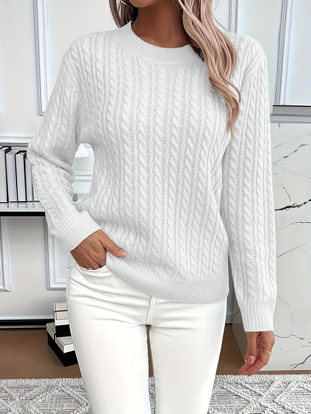 Women's Cozy Cable Knit Sweater with Long Sleeves