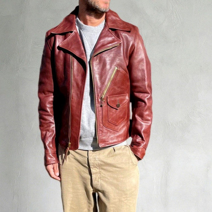 Men's Leather Motorcycle Jacket with Asymmetric Zip