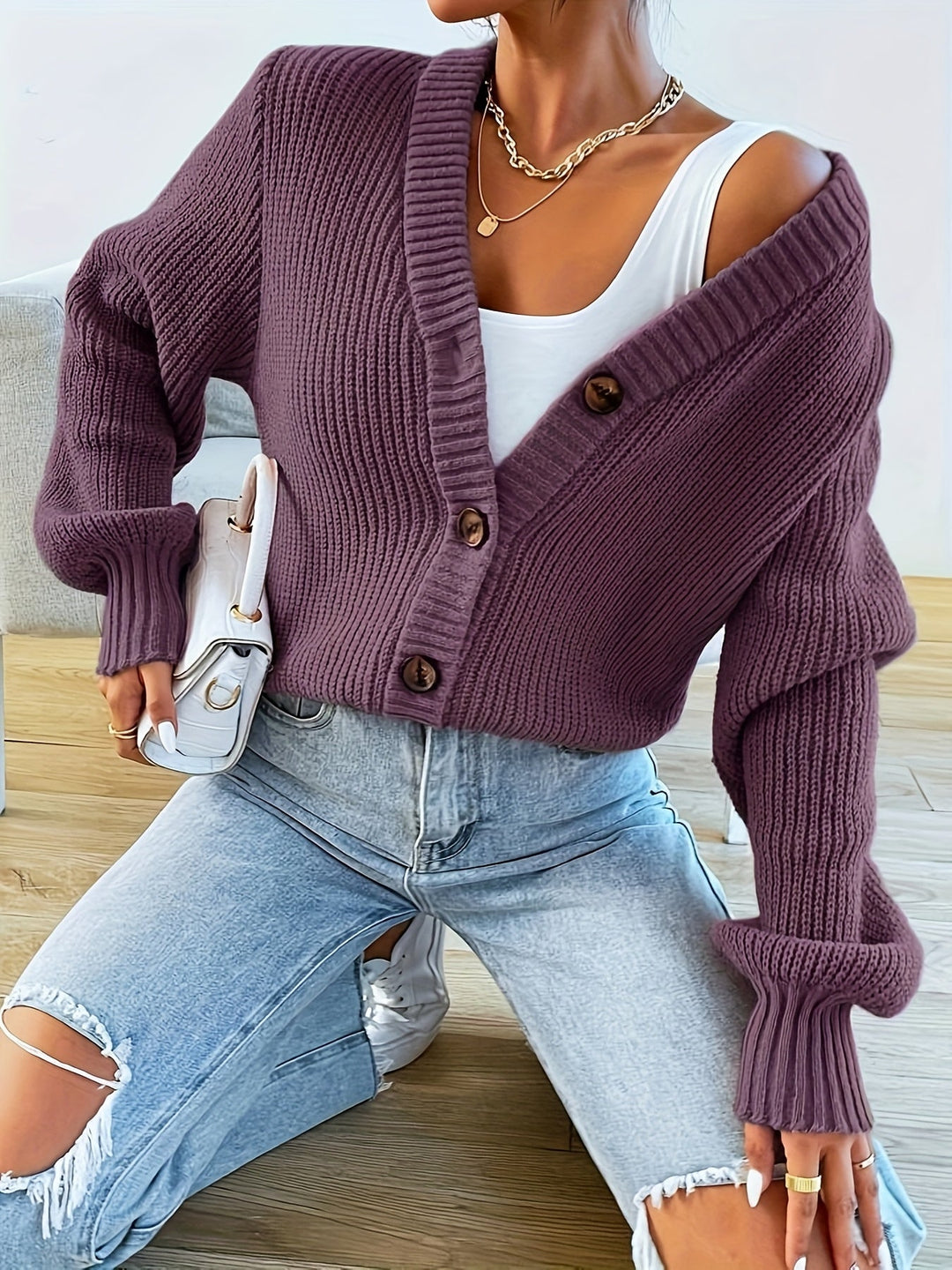 Women's Button-Front Ribbed Cardigan in Clementine Color