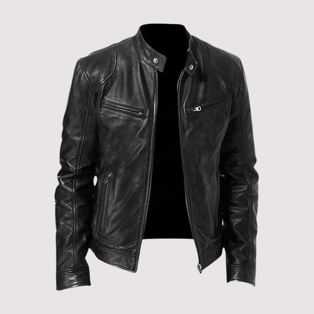 Men's Zip-Front Leather Jacket with Chest Pockets
