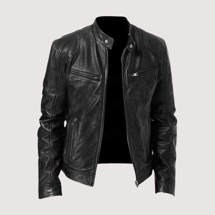 Men's Zip-Front Leather Jacket with Chest Pockets