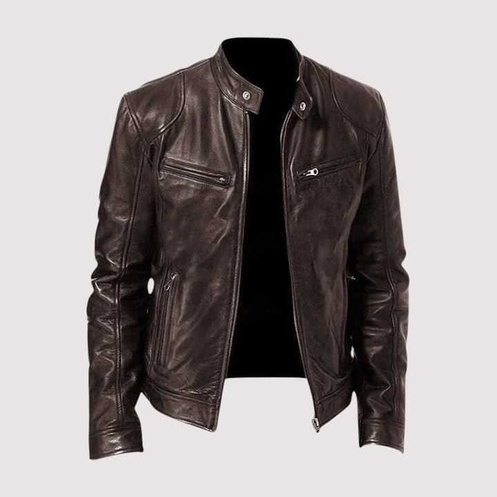 Men's Zip-Front Leather Jacket with Chest Pockets