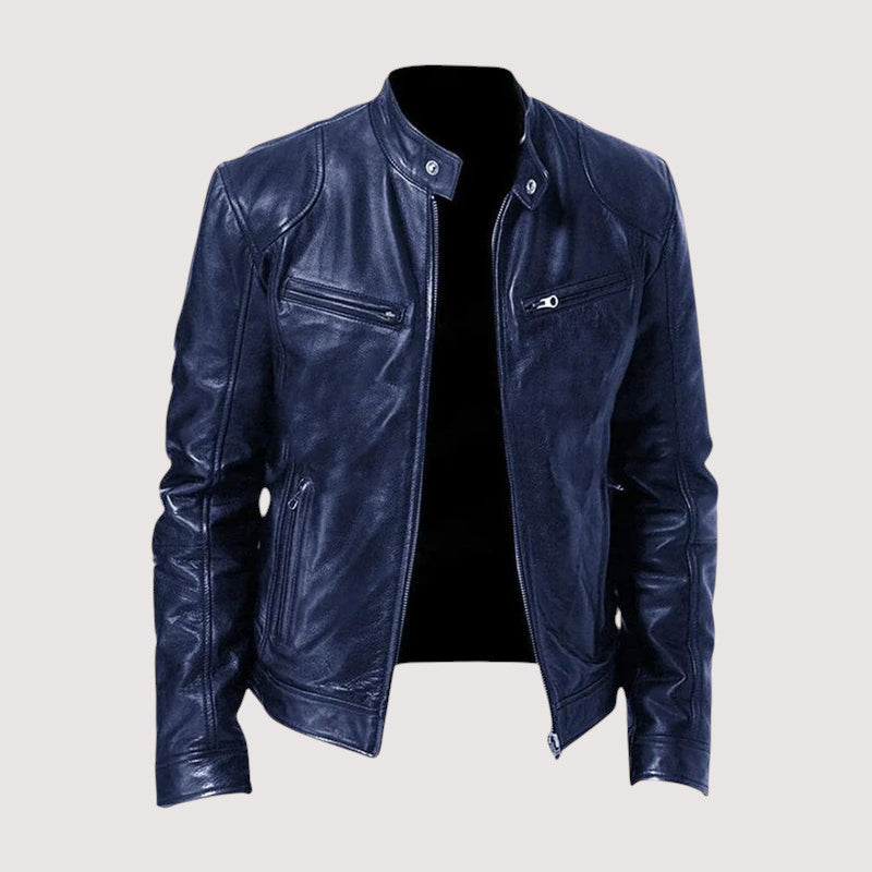 Men's Zip-Front Leather Jacket with Chest Pockets