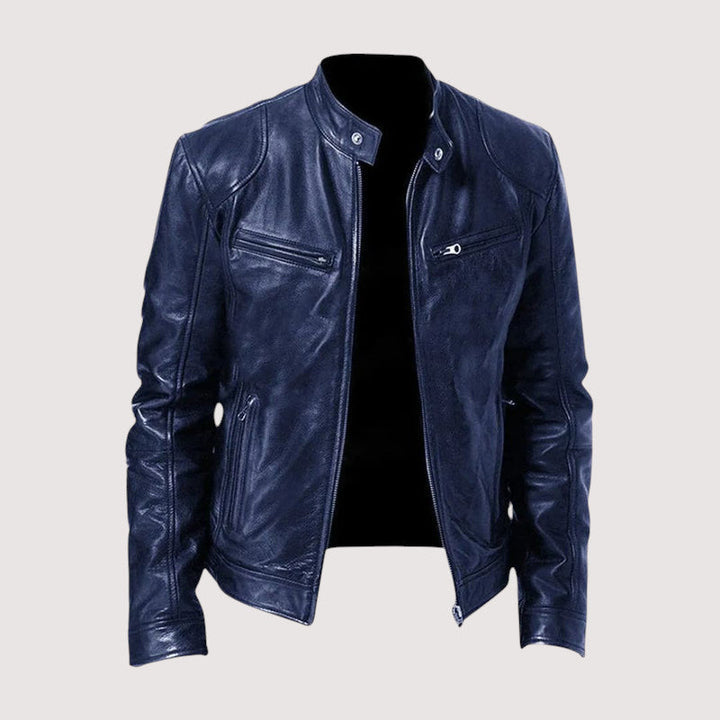 Men's Zip-Front Leather Jacket with Chest Pockets