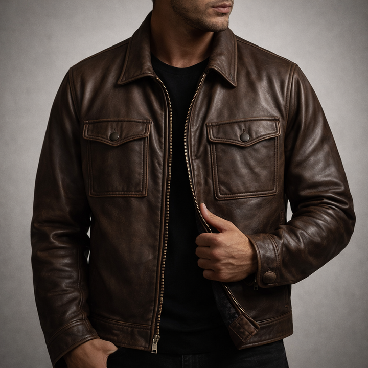 Men's Vintage Leather Jacket with Chest Pockets