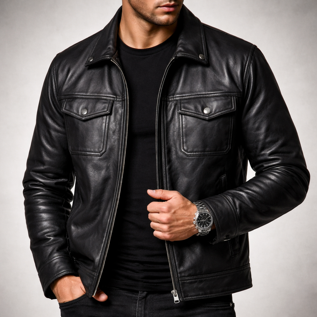 Men's Vintage Leather Jacket with Chest Pockets