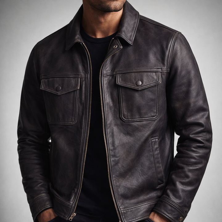 Men's Vintage Leather Jacket with Chest Pockets