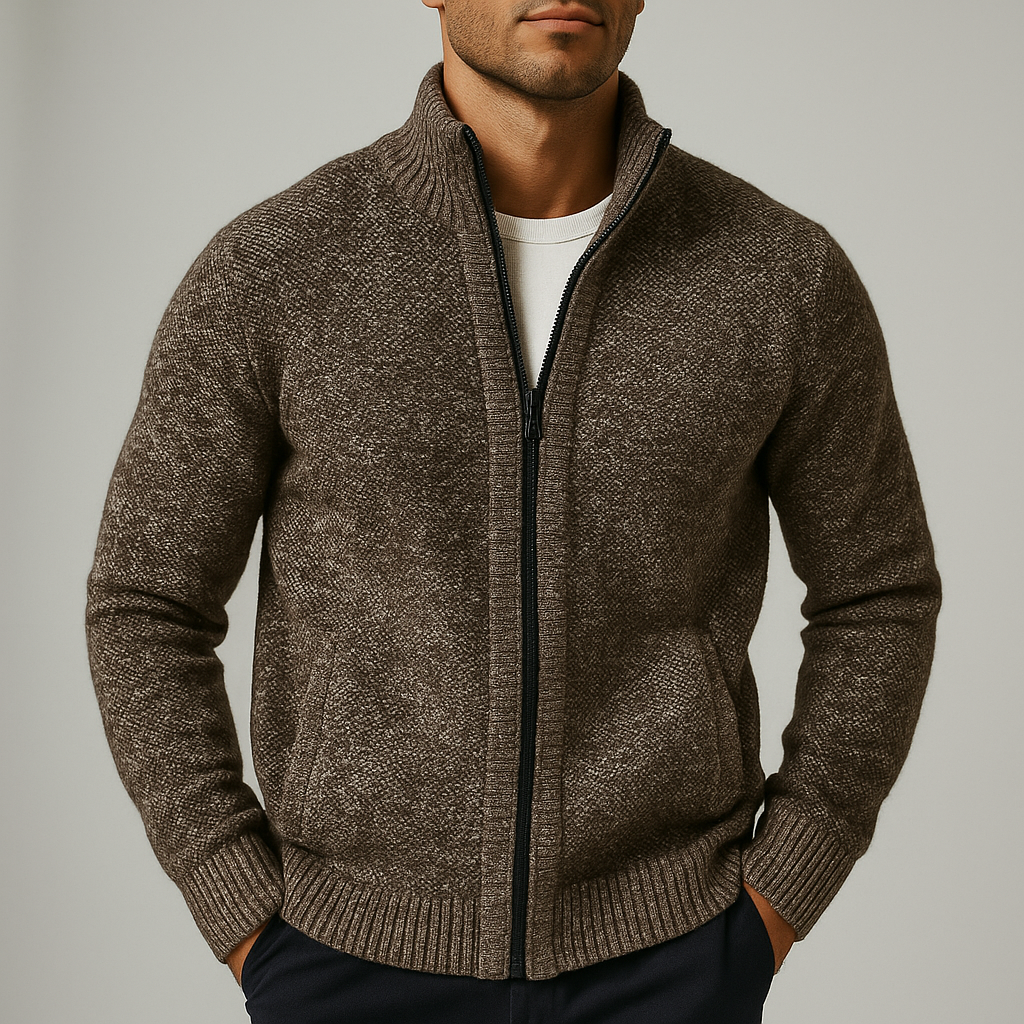 Men's Textured Full-Zip Cardigan with Hand Pockets