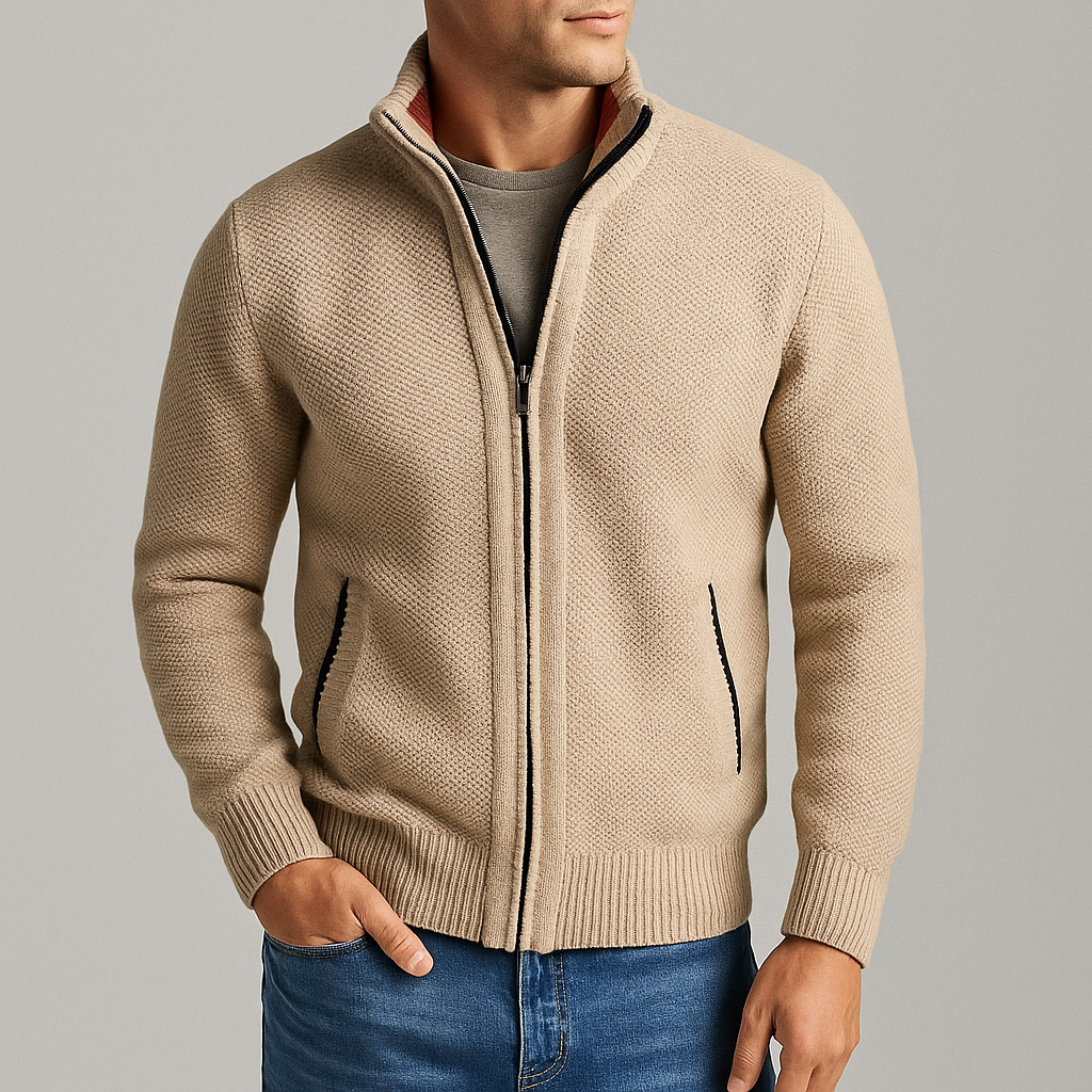 Men's Textured Full-Zip Cardigan with Hand Pockets