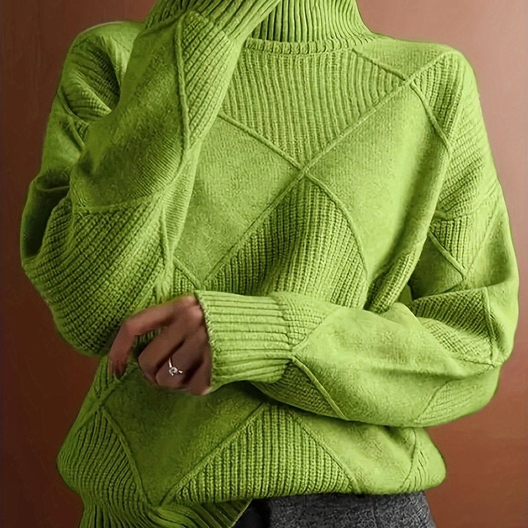 Women's Diamond Knit Turtleneck Sweater with Balloon Sleeves