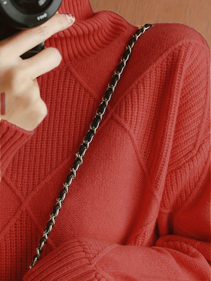 Women's Diamond Knit Turtleneck Sweater with Balloon Sleeves