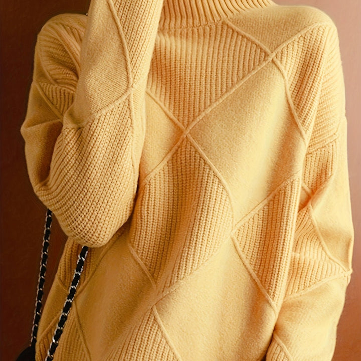 Women's Diamond Knit Turtleneck Sweater with Balloon Sleeves
