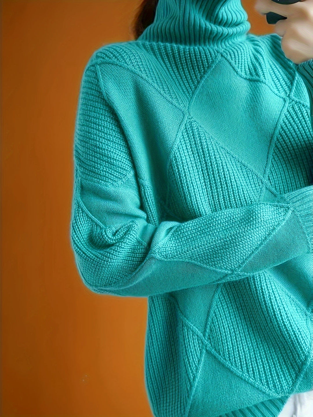 Women's Diamond Knit Turtleneck Sweater with Balloon Sleeves
