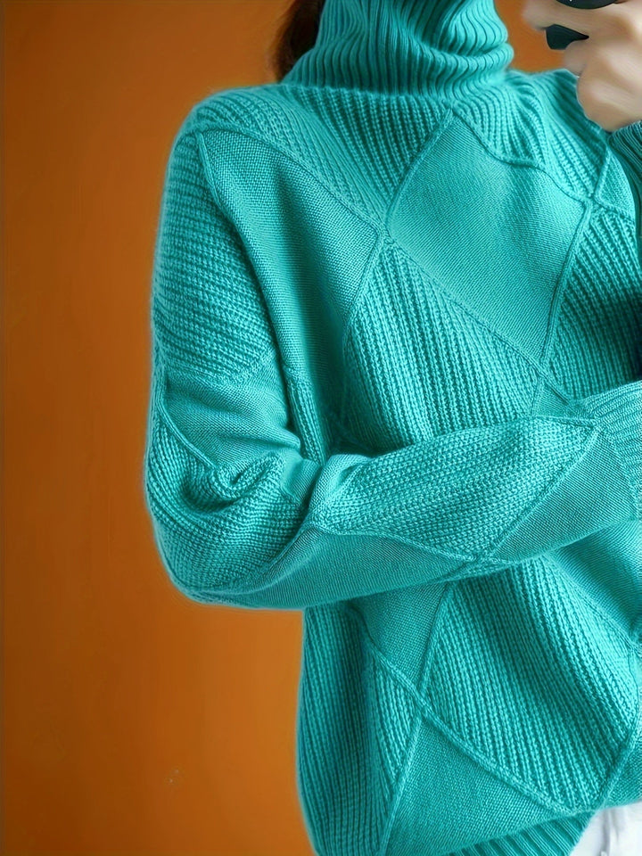 Women's Diamond Knit Turtleneck Sweater with Balloon Sleeves
