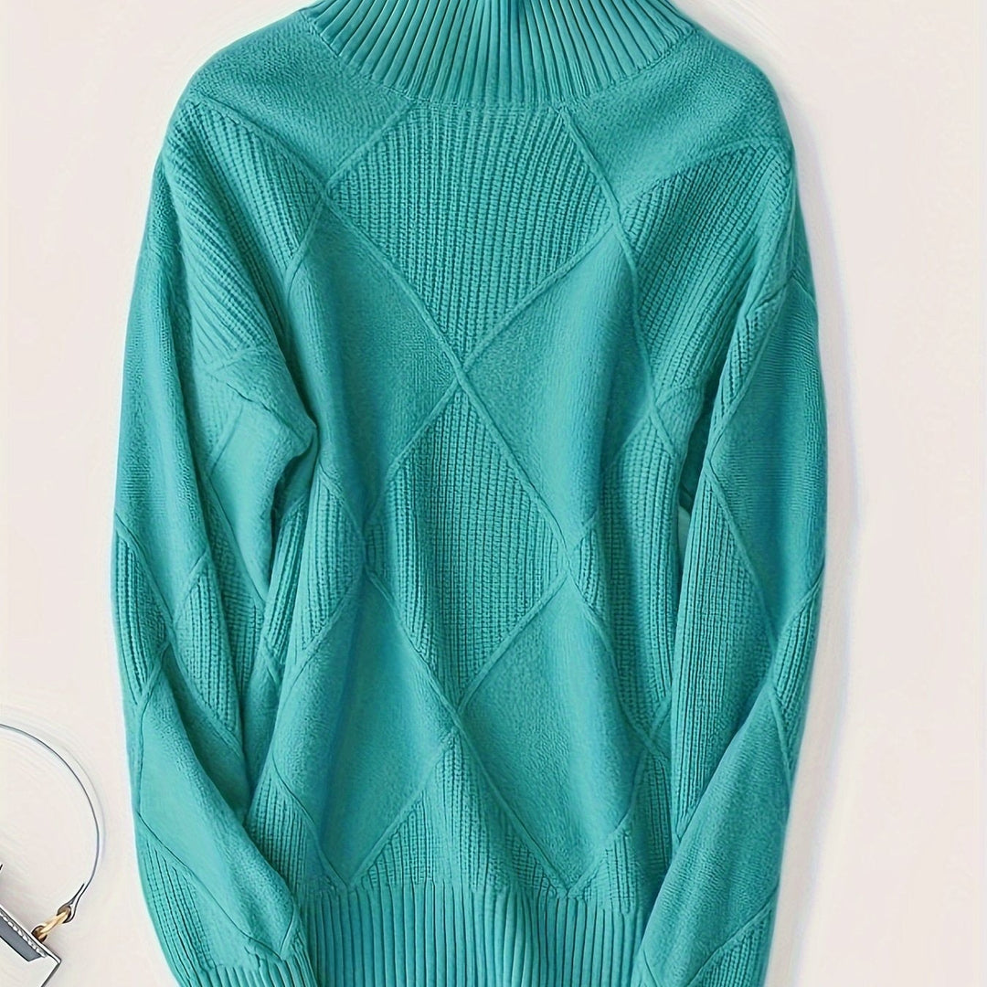 Women's Diamond Knit Turtleneck Sweater with Balloon Sleeves
