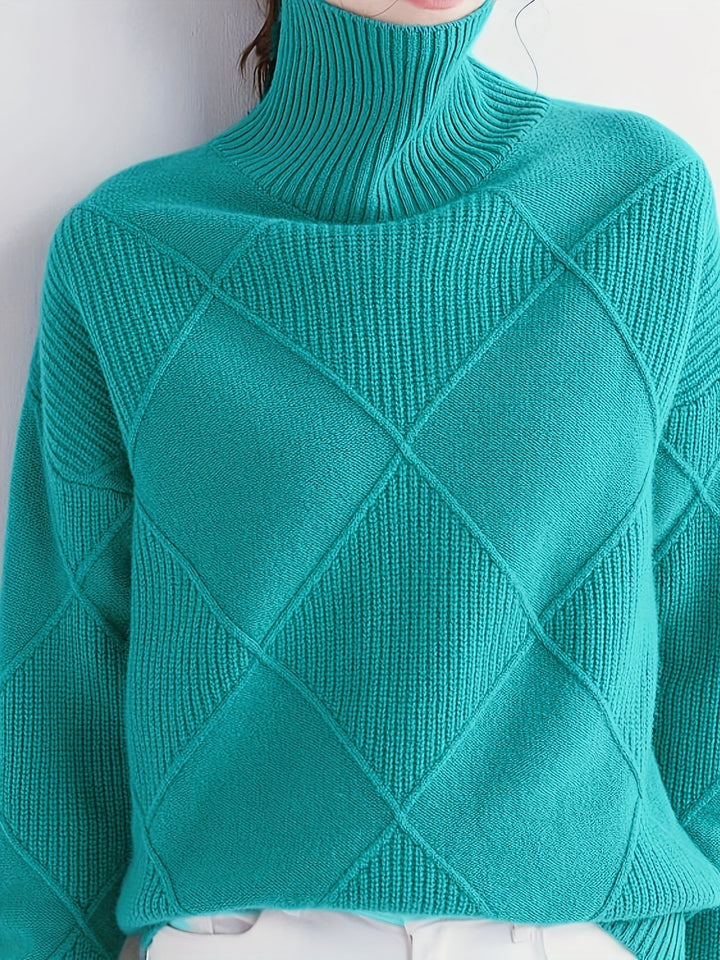 Women's Diamond Knit Turtleneck Sweater with Balloon Sleeves