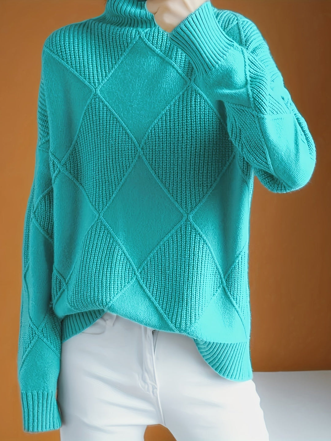 Women's Diamond Knit Turtleneck Sweater with Balloon Sleeves