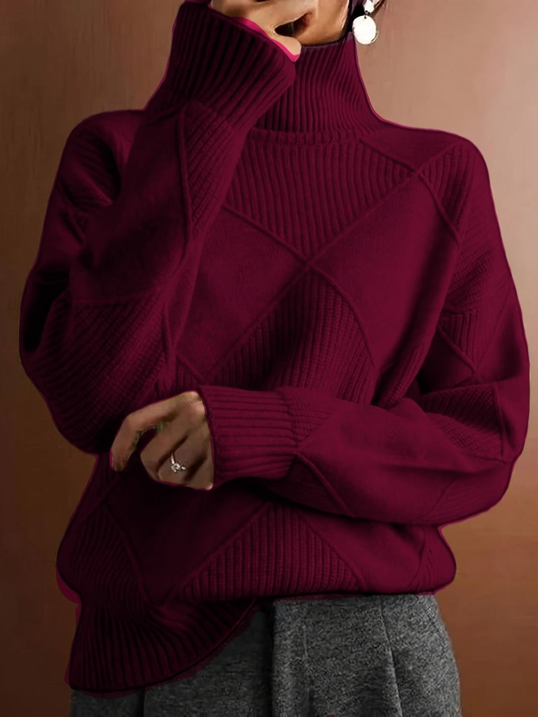 Women's Diamond Knit Turtleneck Sweater with Balloon Sleeves