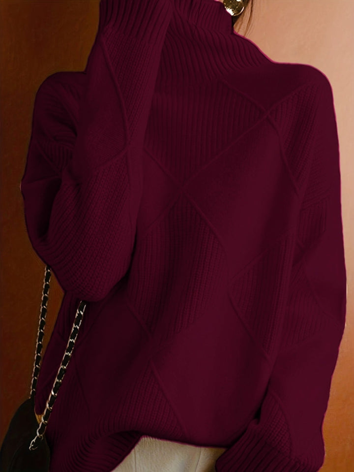 Women's Diamond Knit Turtleneck Sweater with Balloon Sleeves