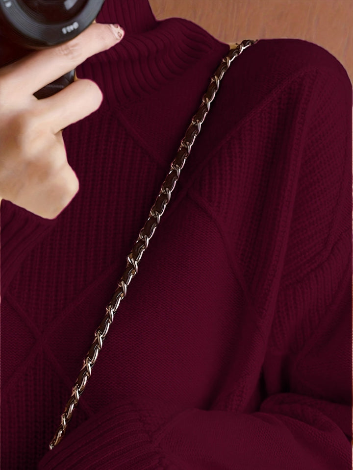 Women's Diamond Knit Turtleneck Sweater with Balloon Sleeves