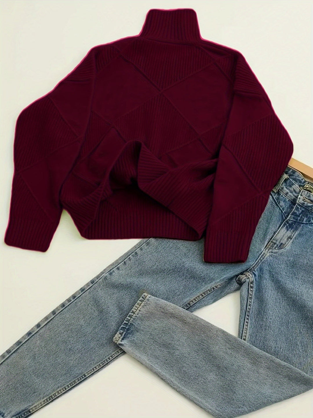 Women's Diamond Knit Turtleneck Sweater with Balloon Sleeves