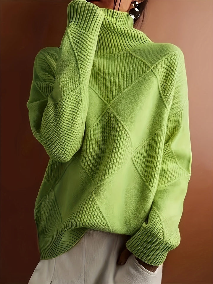Women's Diamond Knit Turtleneck Sweater with Balloon Sleeves