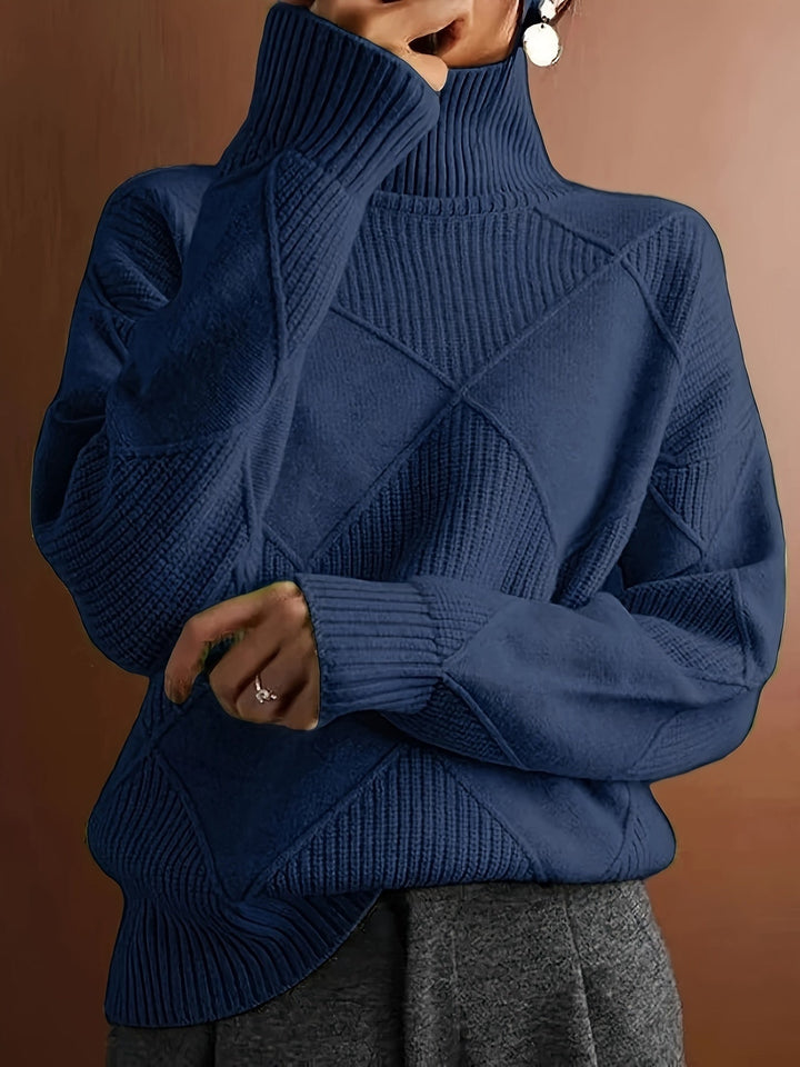 Women's Diamond Knit Turtleneck Sweater with Balloon Sleeves