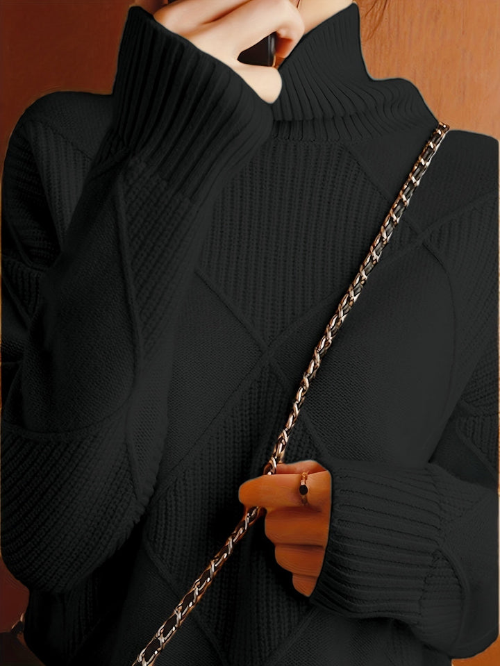 Women's Diamond Knit Turtleneck Sweater with Balloon Sleeves