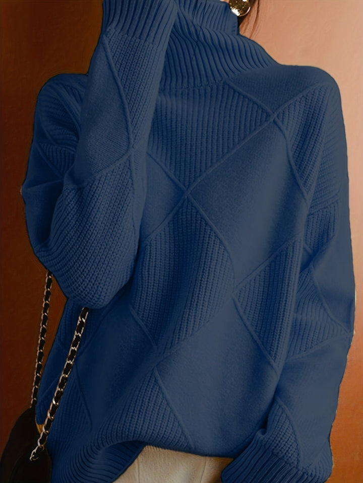 Women's Diamond Knit Turtleneck Sweater with Balloon Sleeves