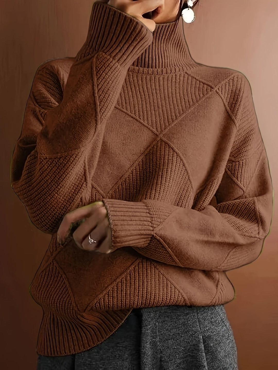 Women's Diamond Knit Turtleneck Sweater with Balloon Sleeves