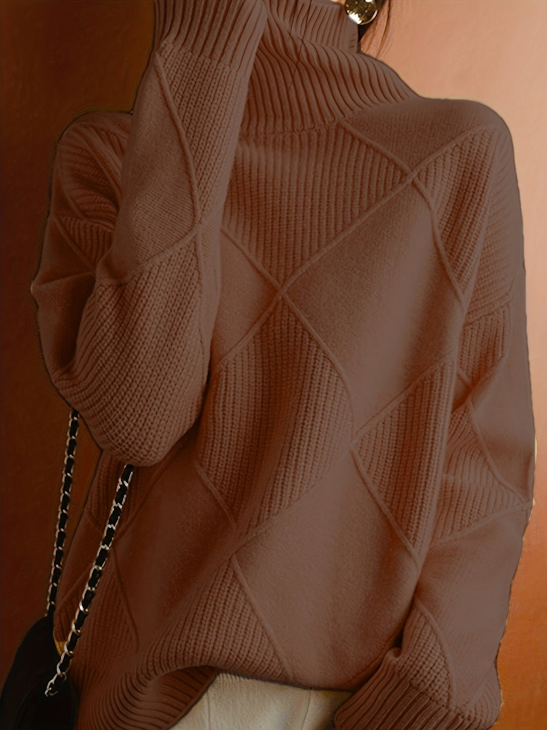 Women's Diamond Knit Turtleneck Sweater with Balloon Sleeves