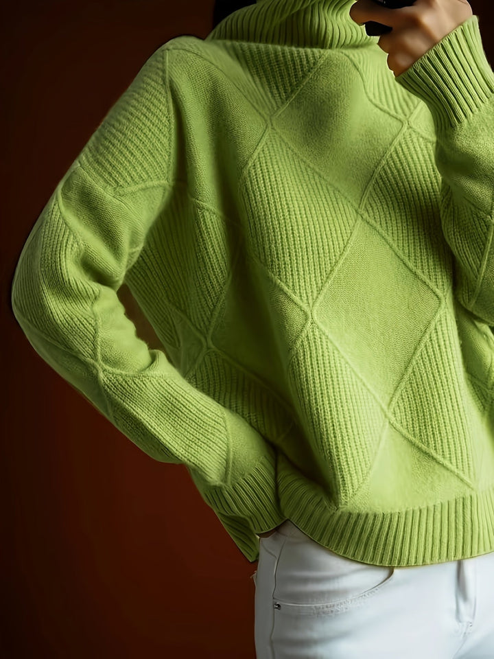 Women's Diamond Knit Turtleneck Sweater with Balloon Sleeves