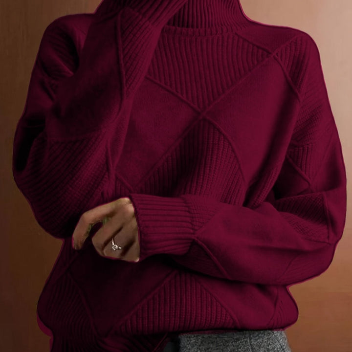Women's Diamond Knit Turtleneck Sweater with Balloon Sleeves