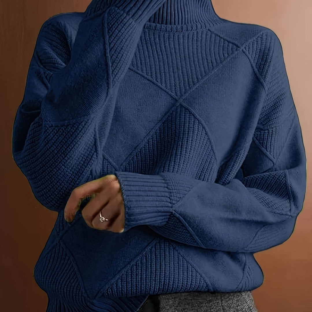 Women's Diamond Knit Turtleneck Sweater with Balloon Sleeves