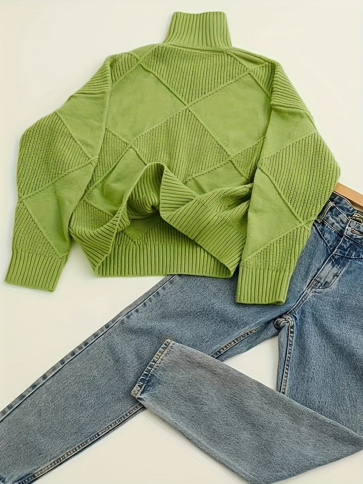 Women's Diamond Knit Turtleneck Sweater with Balloon Sleeves