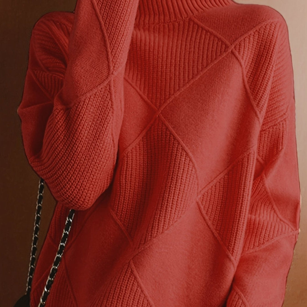 Women's Diamond Knit Turtleneck Sweater with Balloon Sleeves