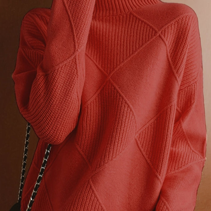 Women's Diamond Knit Turtleneck Sweater with Balloon Sleeves
