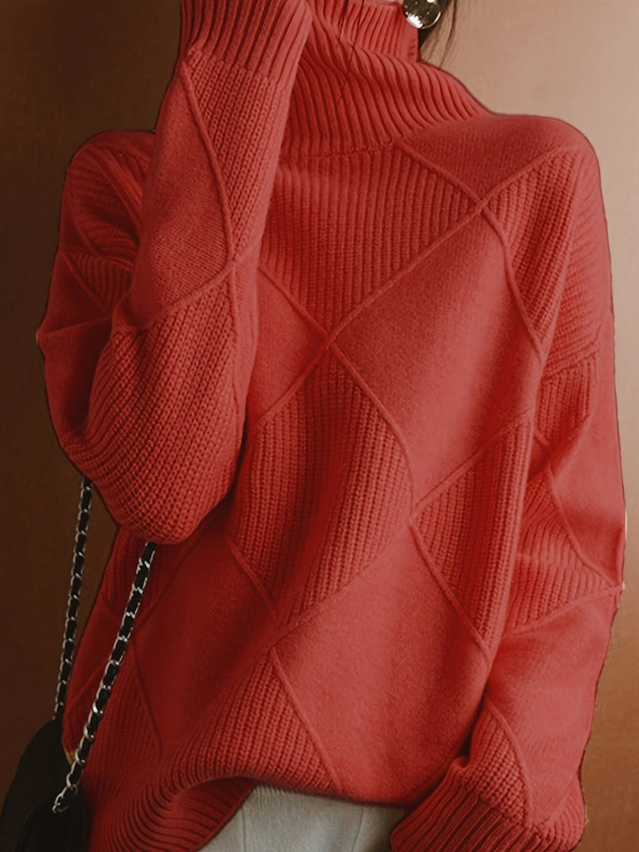 Women's Diamond Knit Turtleneck Sweater with Balloon Sleeves