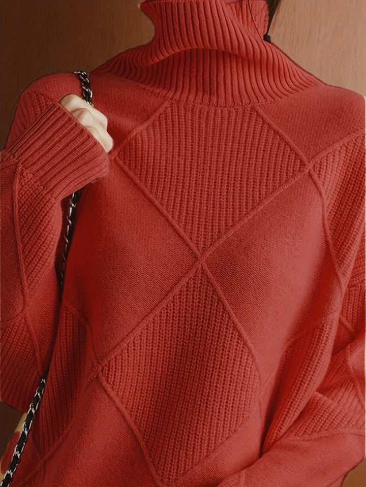 Women's Diamond Knit Turtleneck Sweater with Balloon Sleeves